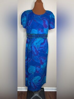 Studio Ease 80s Blue Tropical-Print Beaded Waist Maxi Dress Size 6